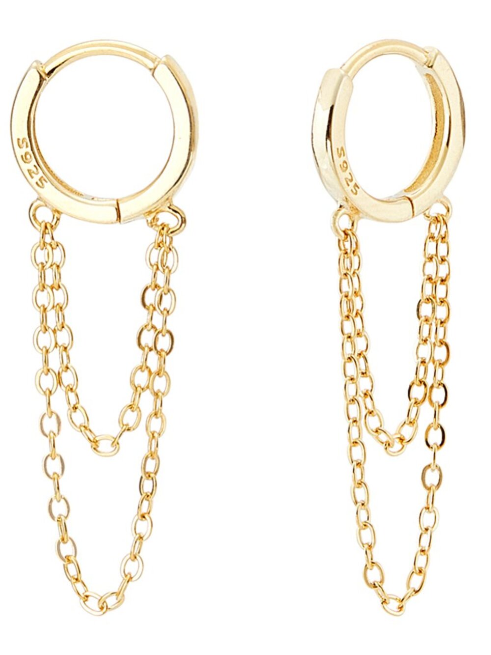 Stamped 925 Sterling silver huggie hoops W double chain dangles in Gold latched